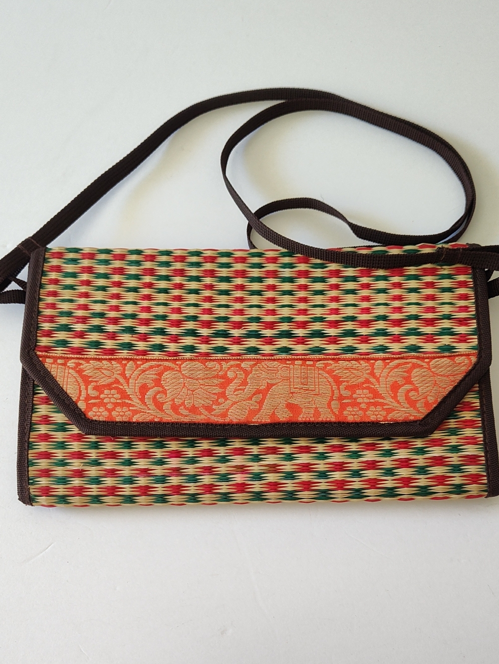 Handwoven Multicolor Straw Crossbody Clutch Bag/Walket with Orange Brocade Flap